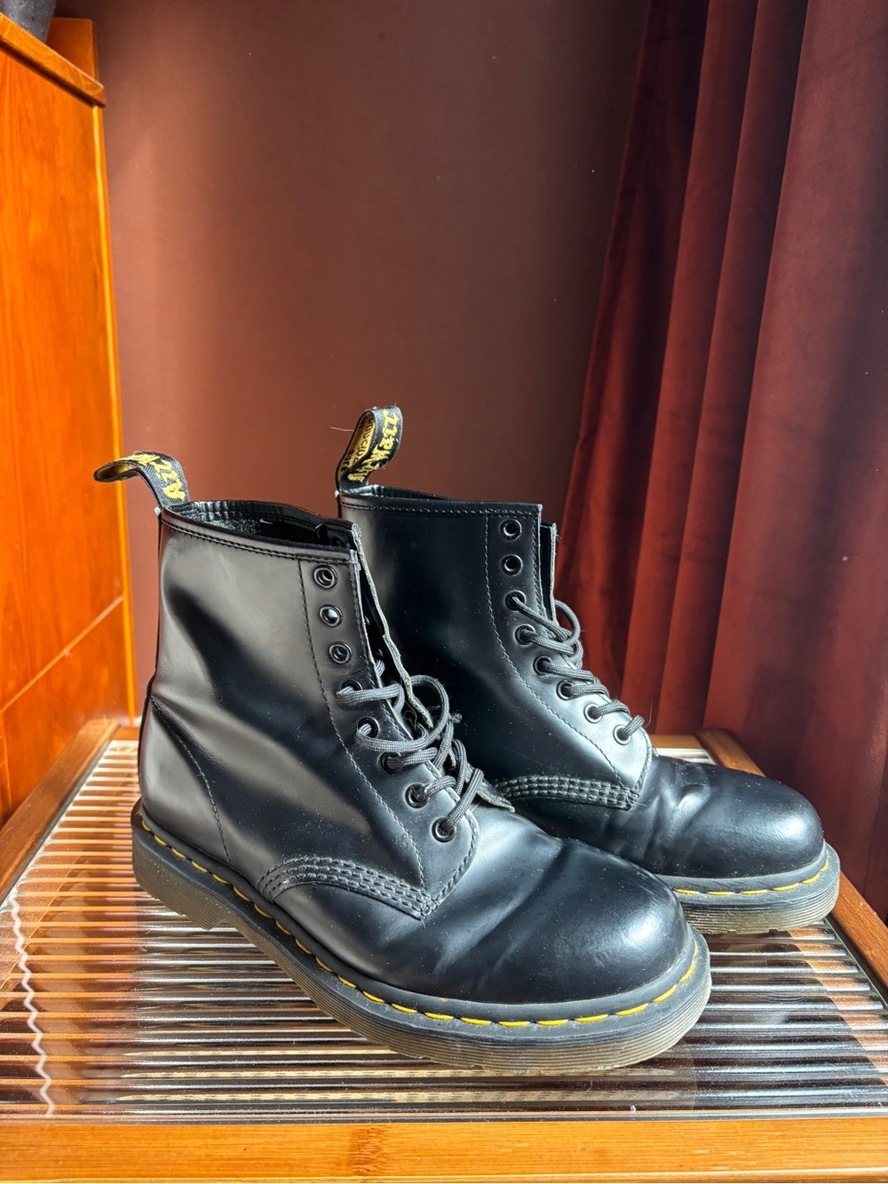 Dr. Martens Black Leather Lace-Up Combat Boots with Yellow Welt Stitching